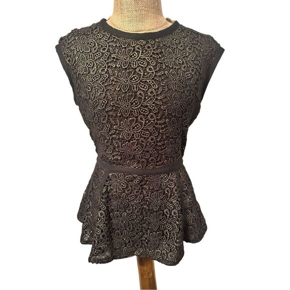 Rachel Zoe black/gold lace zip peplum top sz 8 - Picture 1 of 9
